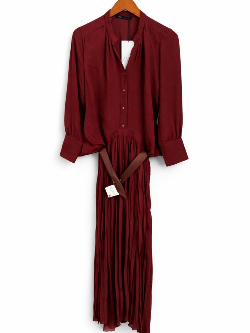 Zara Burgundy Pleated Dress with Belt/ Peekaboo Back Size XS NWT